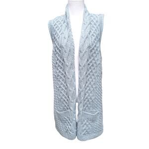 Kilronan Knitwear Blue Green Irish Wool Cable Knit Sweater Vest Cardigan Sz S